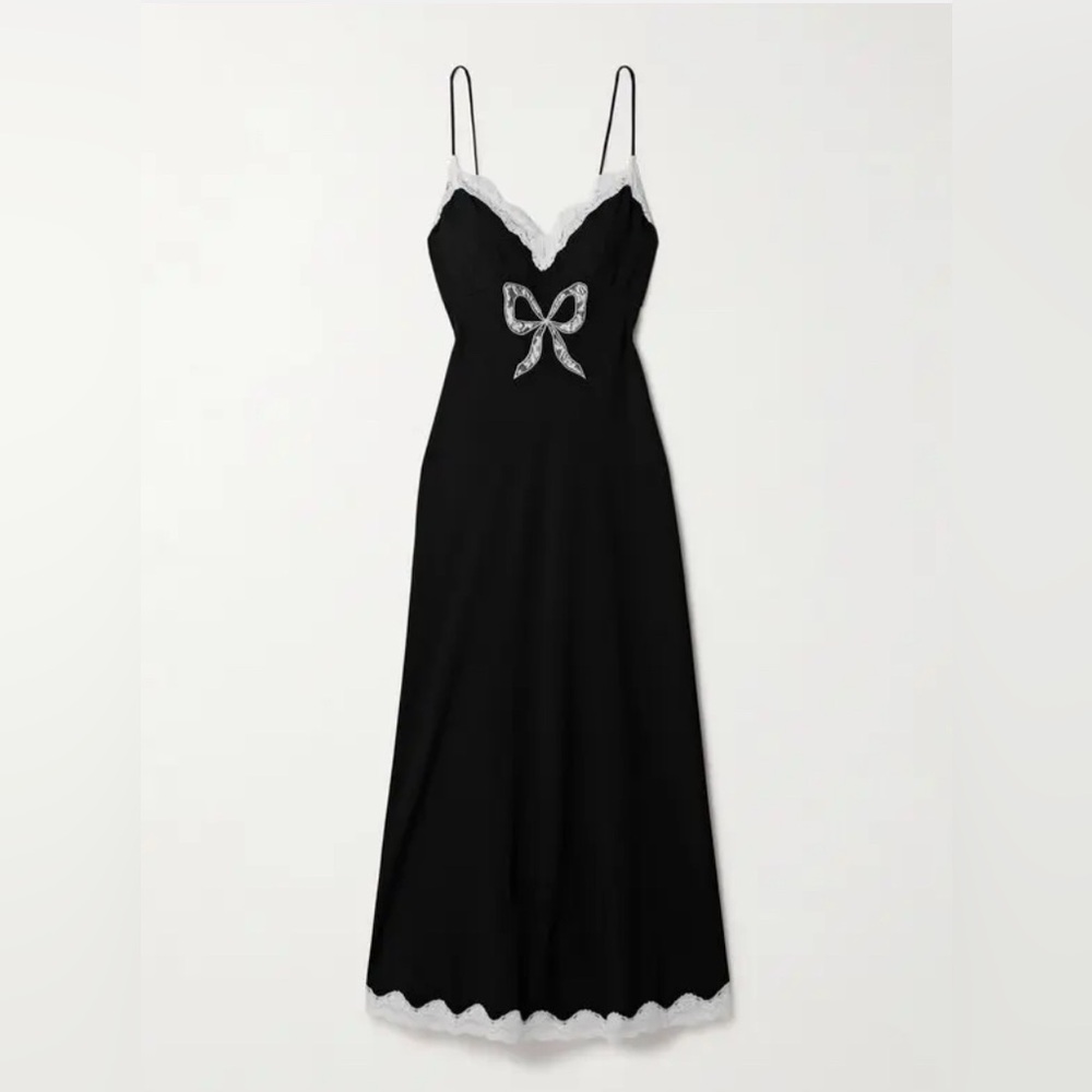 LoveShackFancy Black Midi Slip Dress with White Lace Bow and Trim - Picture 1 of 7